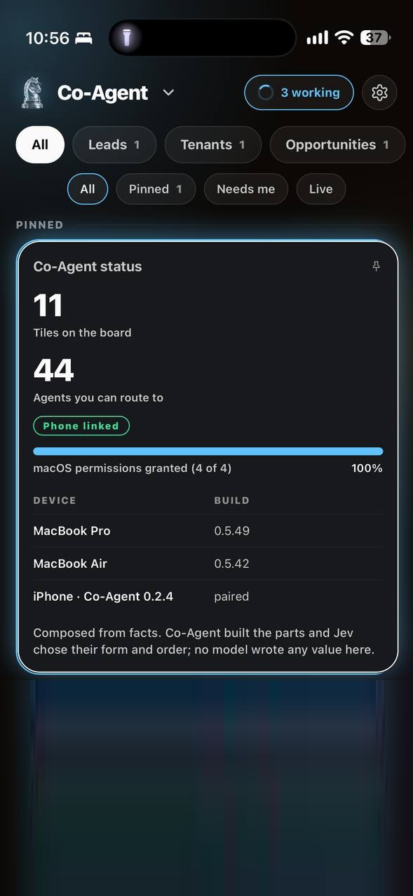 Co-Agent on iPhone showing the live board: tiles, agents you can route to, macOS permissions, and the paired devices