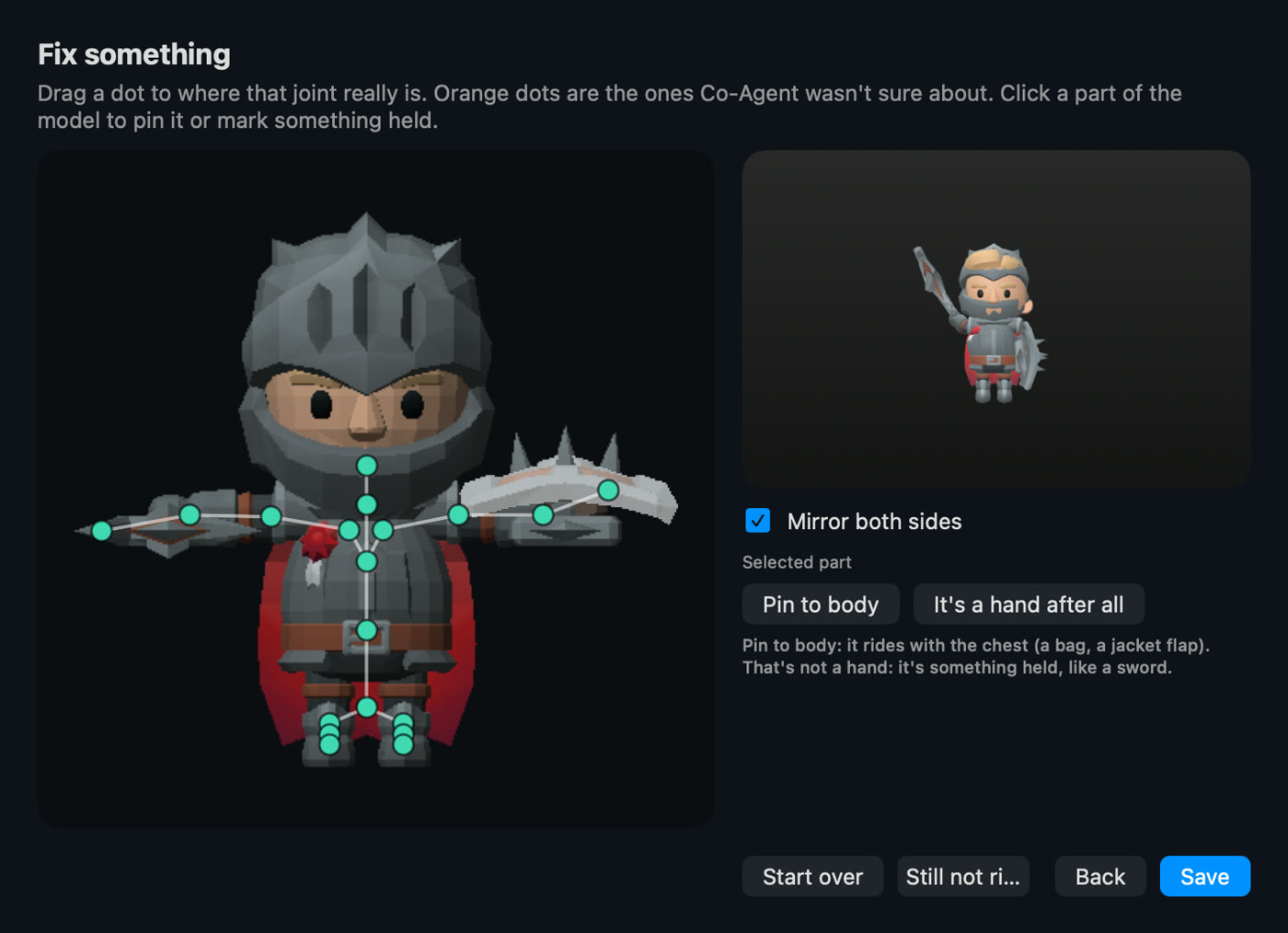 Rigging an imported knight model: the joints Co-Agent placed are shown as dots you can drag