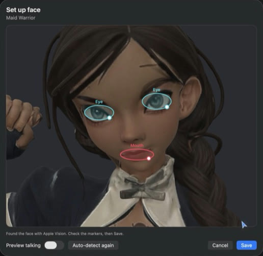 Face setup on an imported character: markers on both eyes and the mouth, found automatically