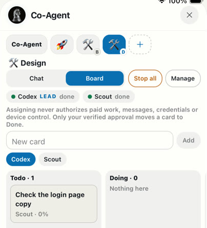 The room board on iPad: Todo and Doing columns, with a card assigned to an agent