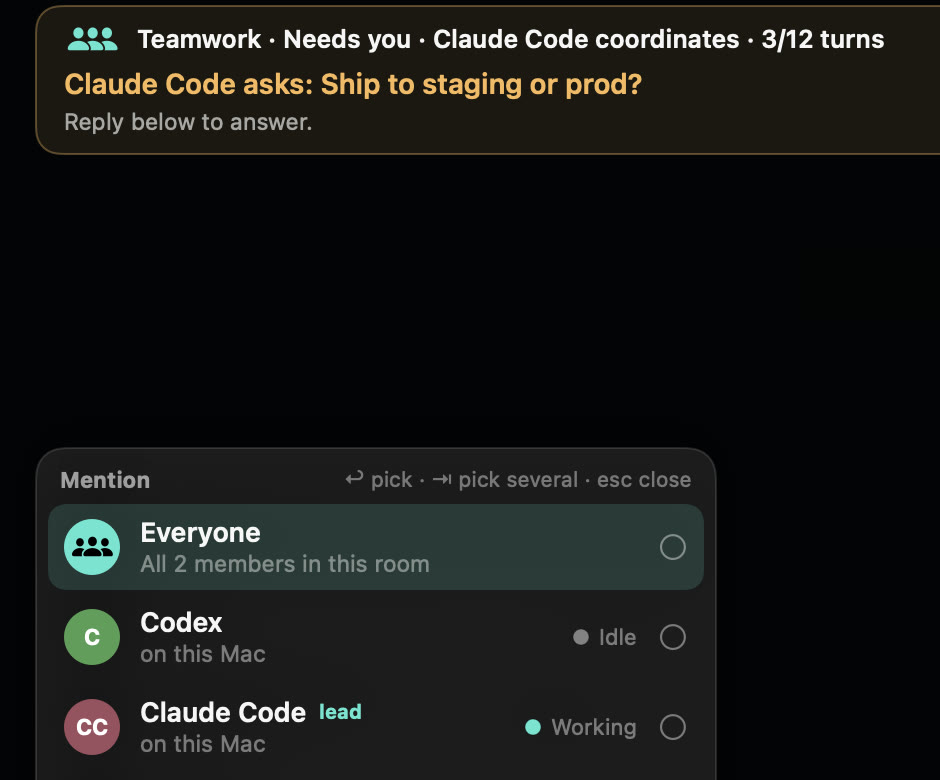 A Co-Agent room with the Teamwork banner on top and the @ picker open, listing Everyone, Codex and Claude Code